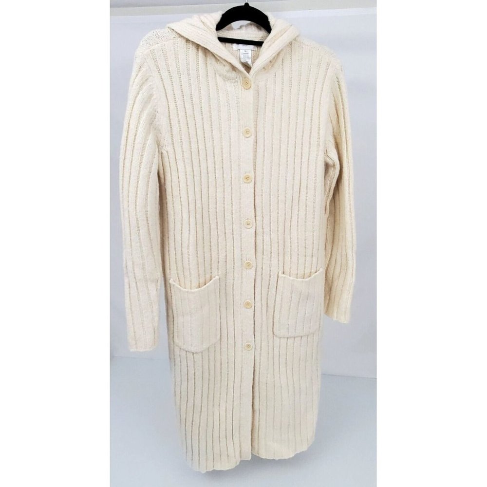 Jones NY Sport Med Hooded Wool Blnd Cardigan Long Sweater Coat Ivory Heavy Retro